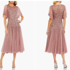 MAC DUGGAL 93655 SEQUIN & CRYSTAL RUFFLE SLEEVE ROSEWOOD MIDI DRESS sz 18